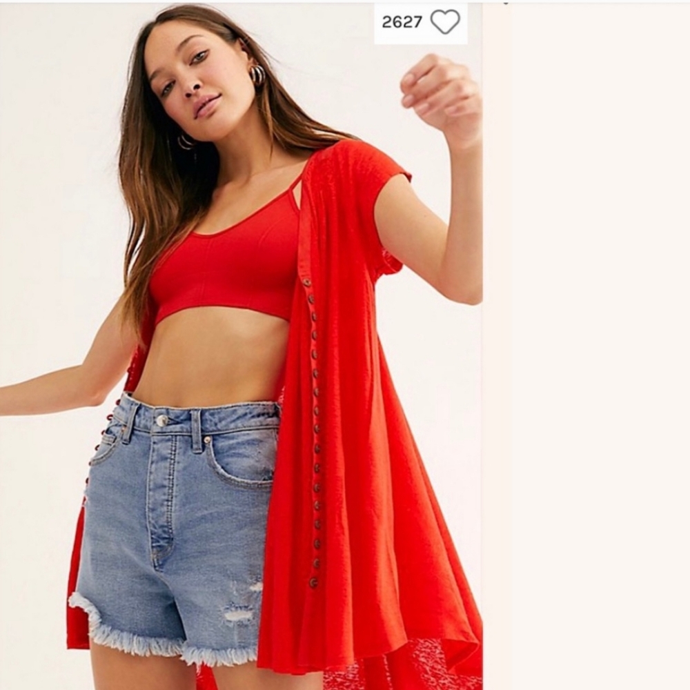 Free People Highland Red Lotus Button Front Linen Shirt